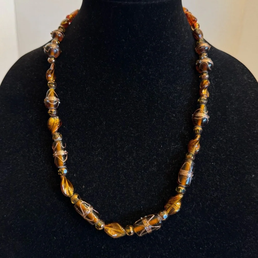Vintage Brown Amber Color Gold Foil Lampwork Handmade Art Glass Beaded Necklace